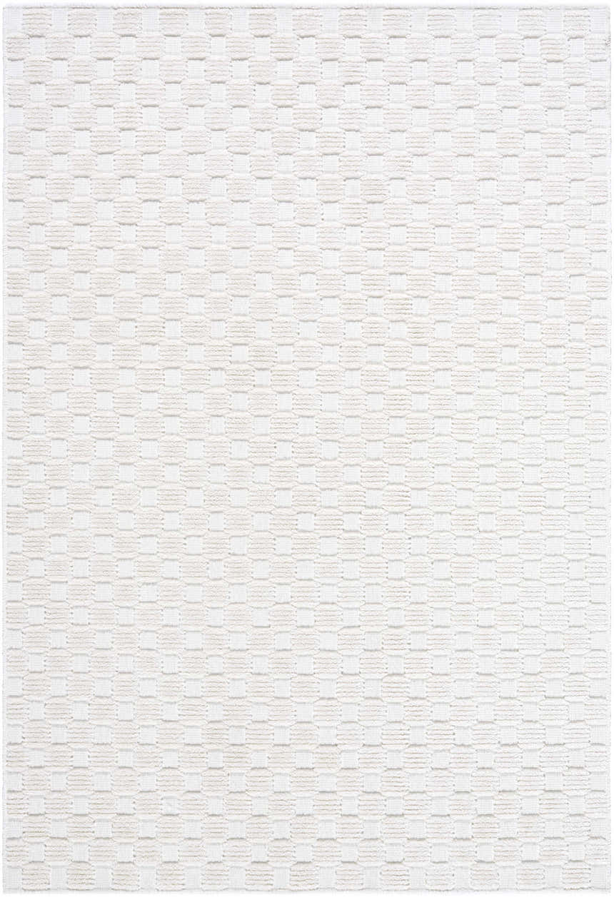 Close-up of the Anthea Off-White 3D Checkered Washable Rug, showing its textured, geometric pattern. Design-Rectangle-57