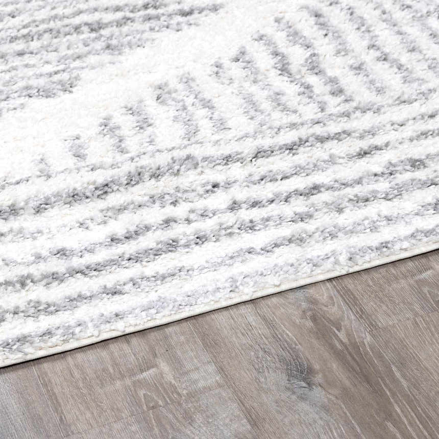 Close-up of Trunding Plush Area Rug in Gray, showing geometric shag design and soft texture on wood floor. Pile