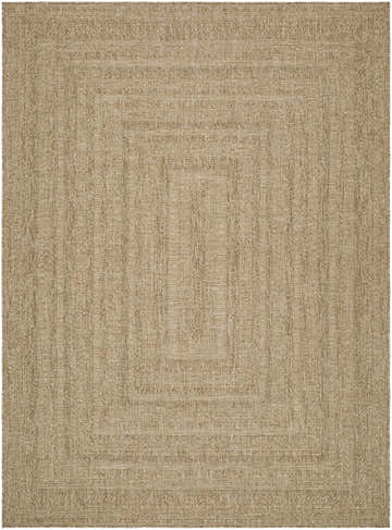 Close-up of the Avalos Brown Area Rug. Farmhouse style rug with a concentric square pattern in camel, tan, and prairie dust. Design-Rectangle-537