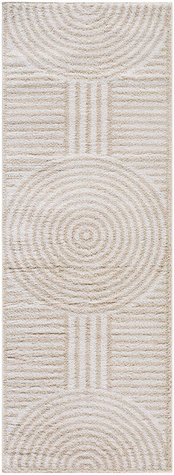 Close-up of Allard Beige Washable Area Rug. Contemporary design with beige concentric circles and linear stripes. Design-Runner-2773