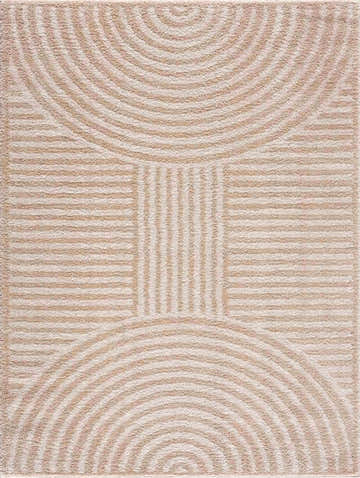 Close-up of the Allard Beige Washable Area Rug featuring a contemporary geometric pattern with beige and peach hues. Design-Rectangle-537