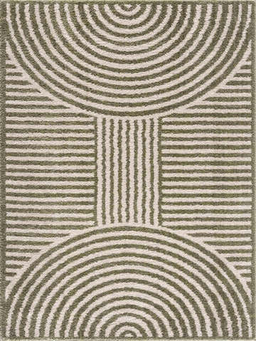 Close-up of Allard Green Washable Area Rug featuring a contemporary geometric pattern of lime green lines on a cream background. Design-Rectangle-537