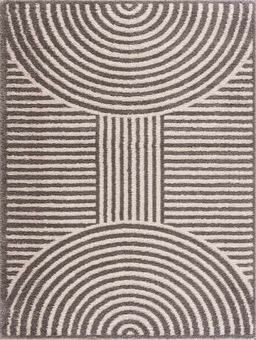 Close-up of Allard Charcoal Washable Area Rug with a contemporary striped and semi-circle geometric pattern. Design-Rectangle-537