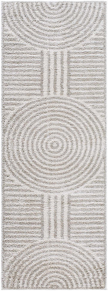 Close-up of the Allard Gray Washable Area Rug, featuring concentric circles and linear patterns in soft gray tones. Design-Runner-2773