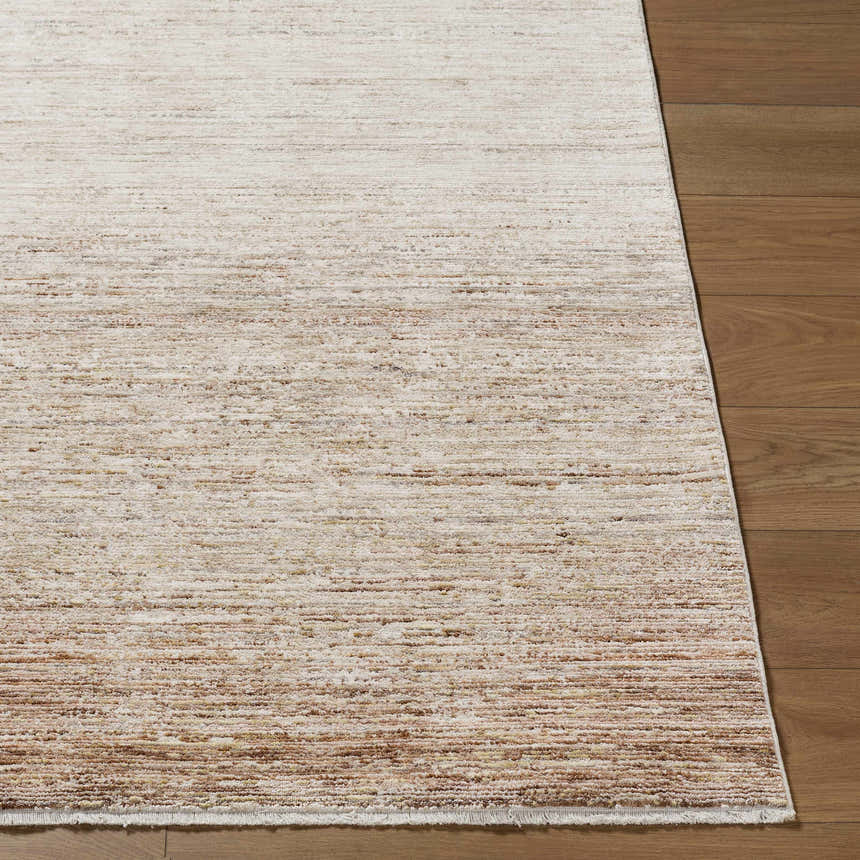 Close up of the cream, brown, and gray textured Amaury Area Rug on wood flooring. Front