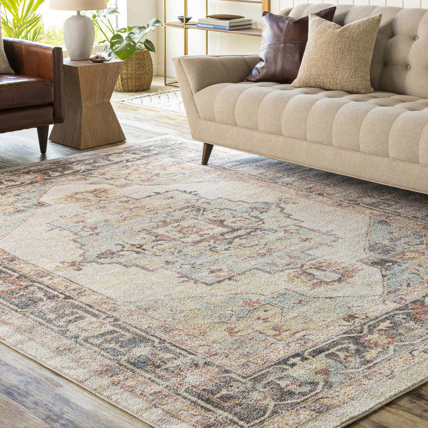 Living room scene with a beige sofa and the Hillcrest Area Rug in beige, blue, and rust colors. Roomscene-Rectangle