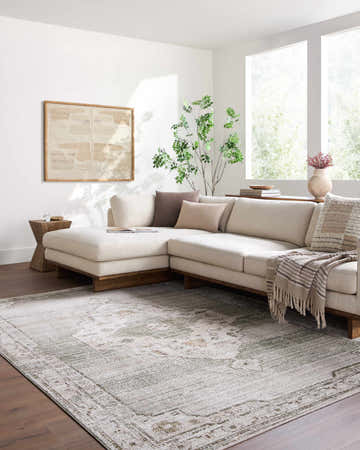 Living room scene with a neutral sectional sofa and the Havard Olive Area Rug. Roomscene-Rectangle
