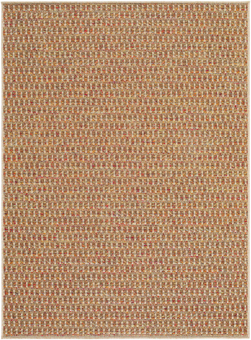 Close-up of the woven Ataret Burnt Sienna Area Rug, featuring terracotta, goldenrod, ivory, and sandstone hues. Design-Rectangle-57