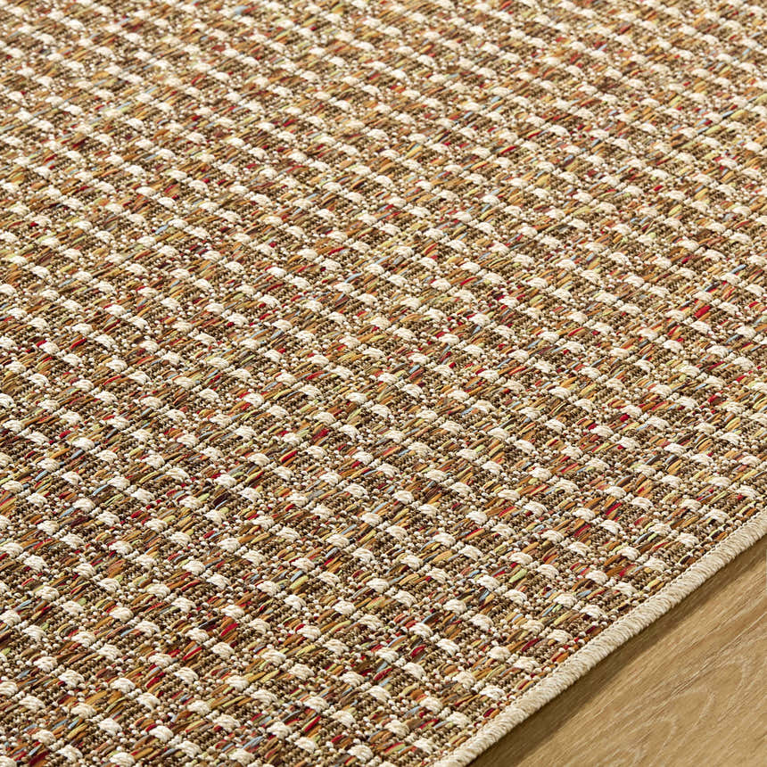 Close-up of the Ataret Burnt Sienna Area Rug showing its woven texture and colors: burnt sienna, goldenrod, ivory, and terracotta. Texture