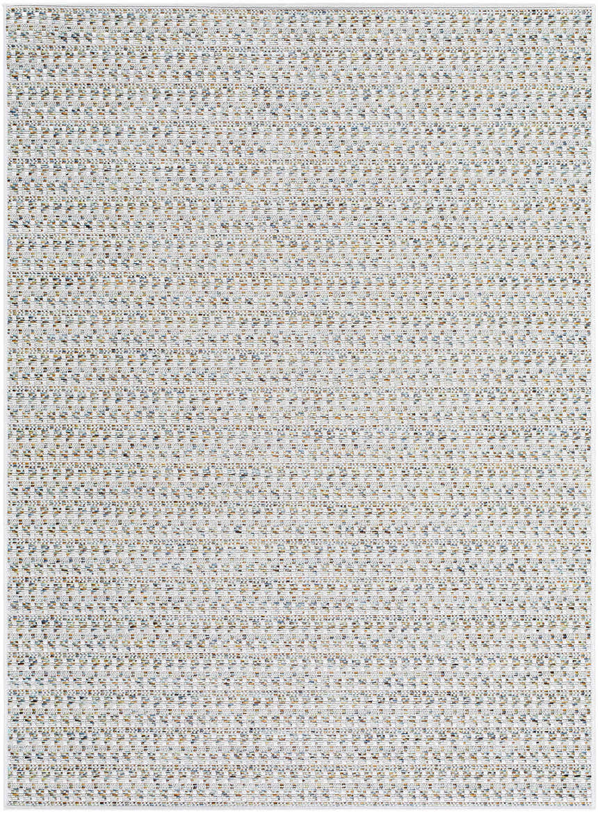 Close-up of the Ataret Ivory Area Rug showing its woven texture and subtle charcoal, blue, and tan colors. Design-Rectangle-537