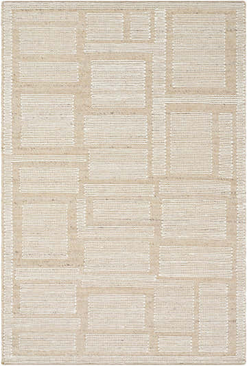 Close-up of the Alayka Area Rug. Hand-woven wool rug in beige and light beige with a contemporary geometric pattern. Design-Rectangle-576