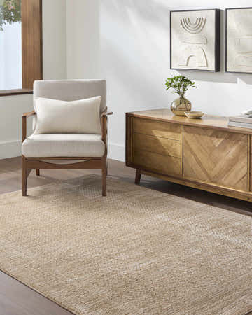 Living room scene with beige Atreus Area Rug, light wood console table, chair, and modern art. Roomscene-Rectangle