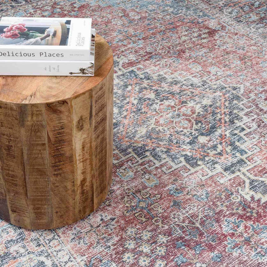 Close-up of the Blue Burgundy Holi-2302 Washable Area Rug with a vintage Persian design and colors like beige, burgundy, and blue. Styleshot
