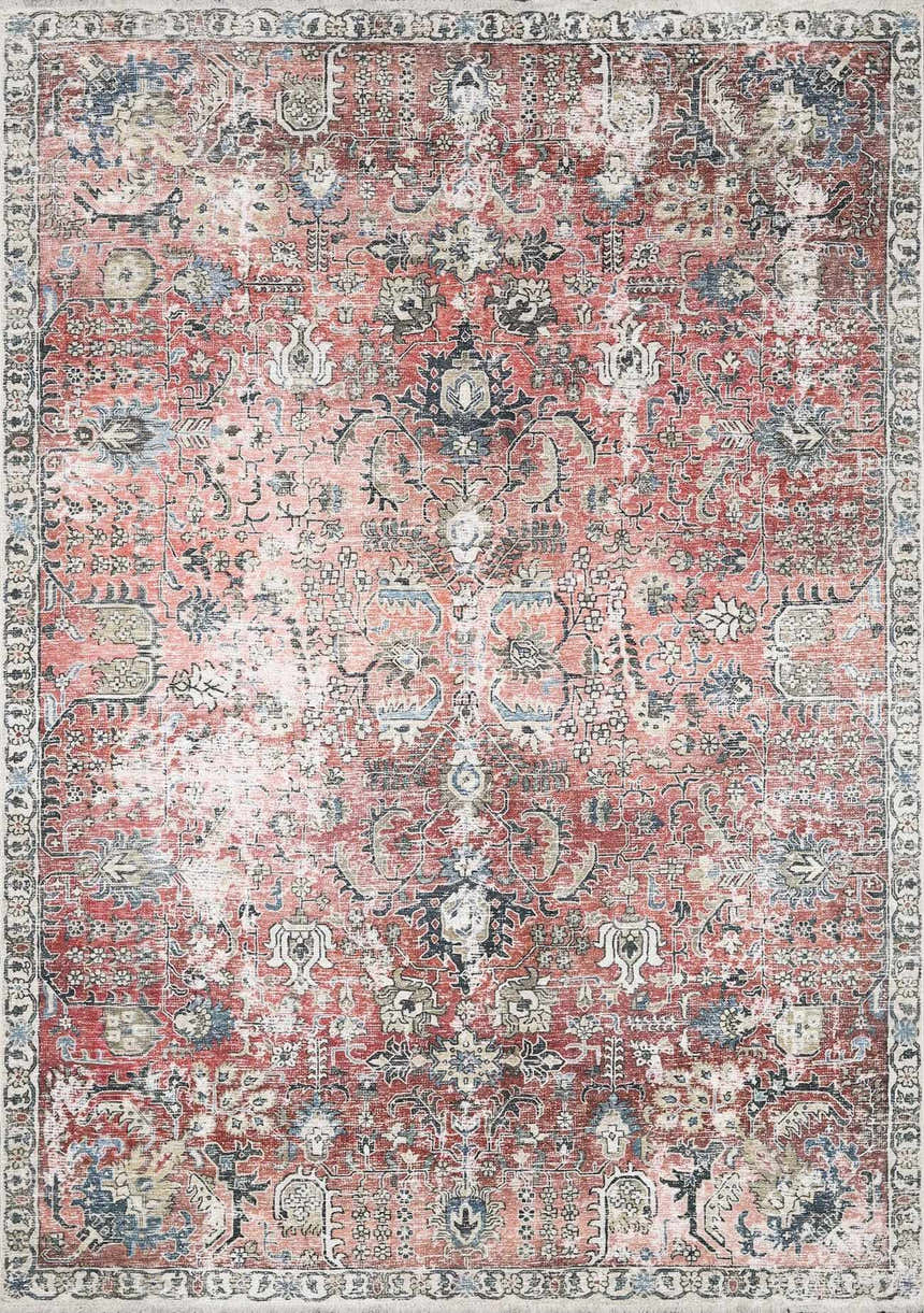 Detailed view of the Burgundy Holi-2303 Washable Area Rug, featuring a traditional, vintage-inspired floral pattern in burgundy, cream, and beige. Design-Rectangle-23
