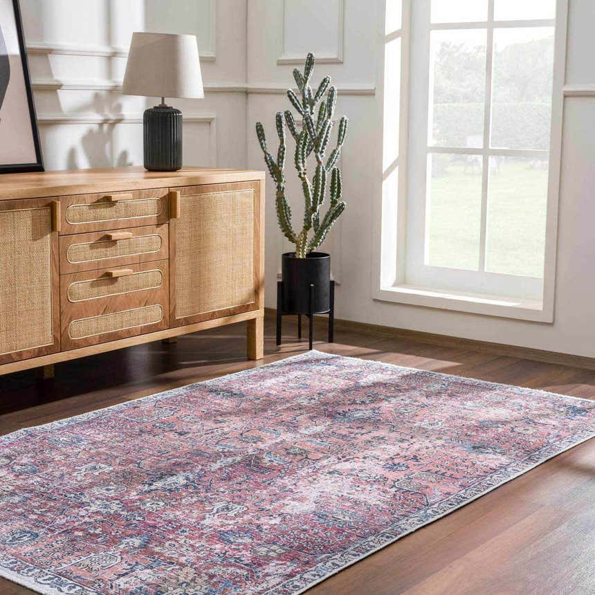 Living room scene with a Burgundy Holi-2303 Washable Area Rug, wood floors, sideboard, cactus, and natural light. Roomscene-Rectangle