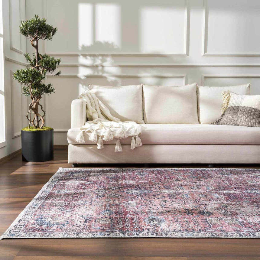 Living room scene with a Burgundy Holi-2303 Washable Area Rug, cream sofa, and potted tree for a cozy, vintage feel. Roomscene-Rectangle