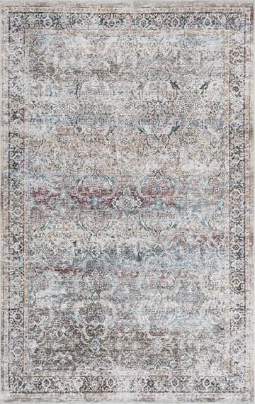 Close-up of the Olive Holi-2304 Washable Area Rug. Vintage style rug with cream, aqua, and olive tones. Traditional pattern. Design-Rectangle