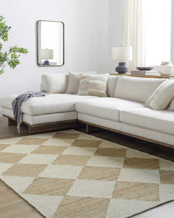 Living room with a beige sectional sofa and the Andrin Beige Area Rug with a checkered pattern. Roomscene-Rectangle