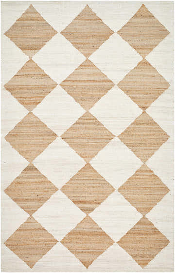 Close-up of the hand woven Andrin Beige Area Rug. Features a beige and camel checkered pattern in 100% jute. Design-Rectangle-576