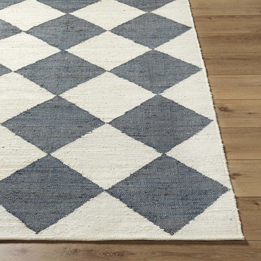Close-up of the hand woven Andrin Gray Area Rug. Beige and steel gray checkered pattern. Jute texture. Front