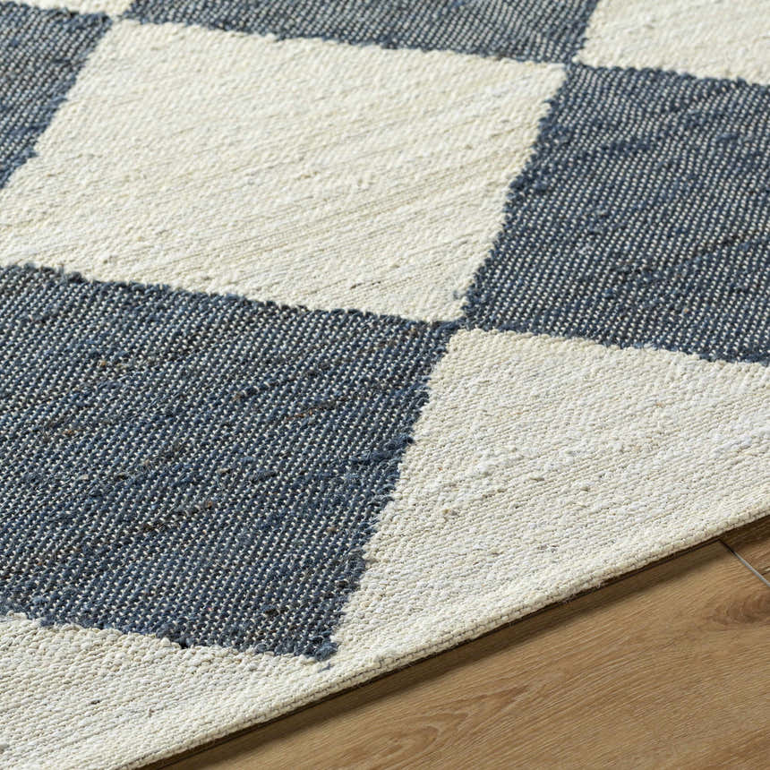Close-up of the hand woven Andrin Gray Area Rug. Beige and steel gray jute rug with a checkered pattern. Texture