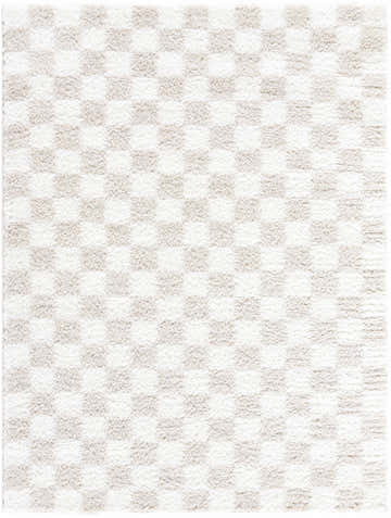 Close-up of the Ardice Area Rug, a shag rug with a checkered pattern in ivory and peach polyester. Design-Rectangle-537