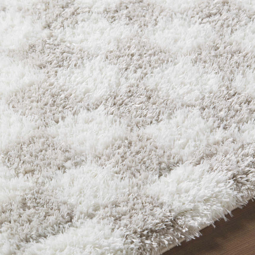 Close-up of the Ardice Area Rug, a shag rug with ivory and peach stripes, showing its soft, textured pile. Texture