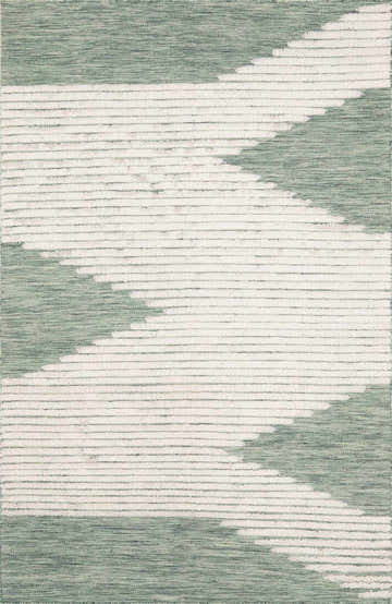 Close-up of the Igcocolo Sage Green High-Low Wool Carpet, featuring a geometric cream and sage pattern and a textured, hand-woven design. Design-Rectangle