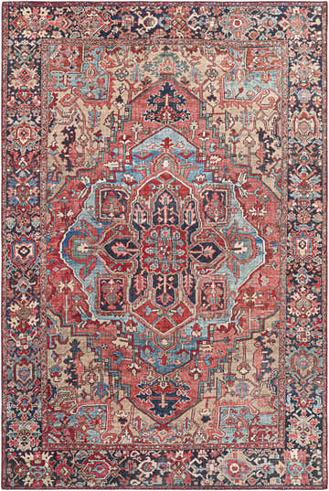 Detailed close-up of the Livabliss Iris IRS-2330 Area Rug. Traditional rug with beige, red, navy, and pale blue intricate patterns. Design-Rectangle-576