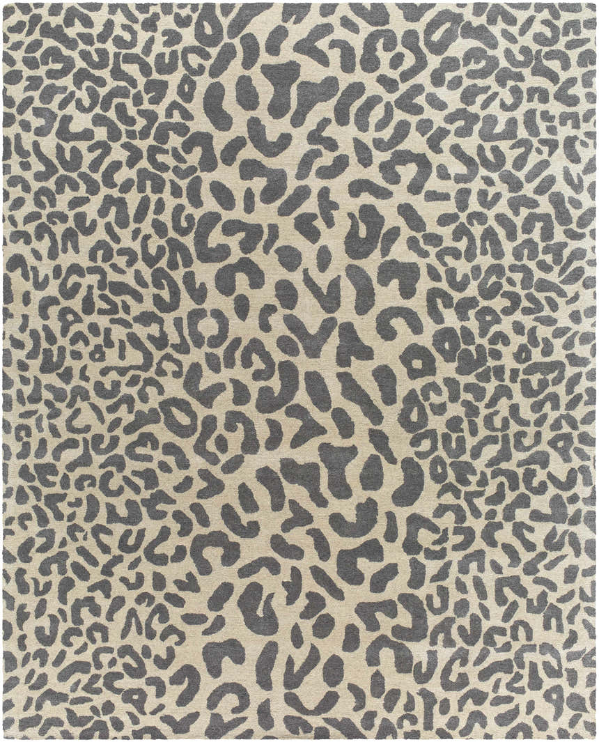 Close-up of the Iseul Leopard Print Area Rug. Gray leopard spots on a taupe background. Contemporary style, 100% wool, hand tufted. Design-Rectangle-811