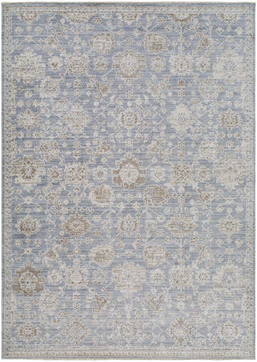 Close-up of the Urara Blue Area Rug, featuring a traditional floral pattern in desert sand, silver gray, and slate blue. Design-Rectangle-537