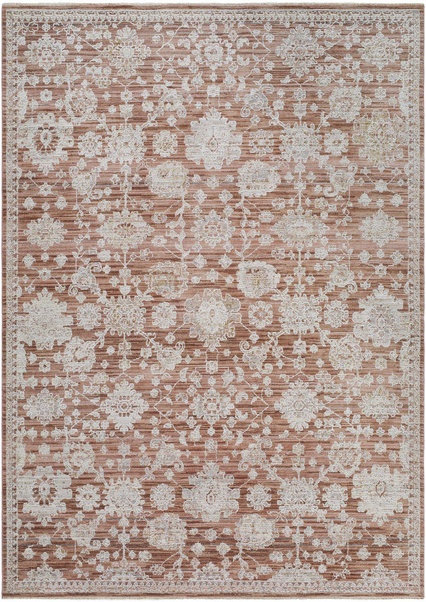 Detailed view of the Urara Red Area Rug, showcasing its floral pattern and farmhouse style. Design-Rectangle-537