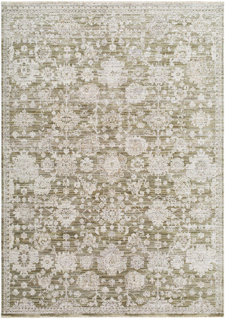 Close-up of the Urara Green Area Rug featuring a traditional floral pattern in ash, sage, and light silver hues. Design-Rectangle-537