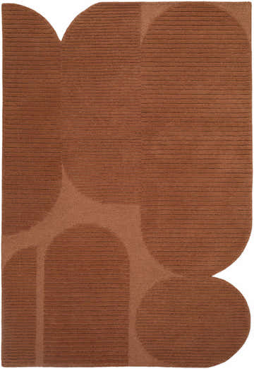 Close-up of Fihe Abstract Modern rug. Hand-tufted wool in terracotta, sandstone, & dusty coral with geometric shapes. Design-Rectangle-576