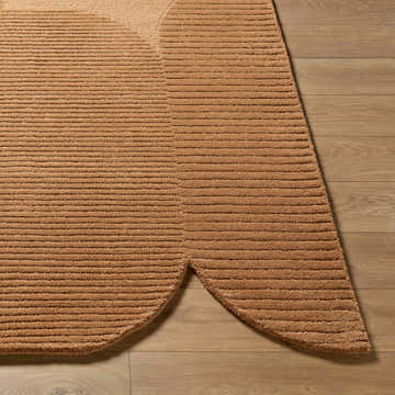 Close up of the Fihe Abstract Modern Rug. Hand tufted wool in sandstone and terracotta colors with a geometric design. Front