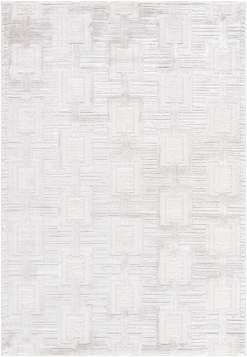 Close-up of the Jackie Area Rug. Cream and ivory rug with a contemporary geometric pattern and soft texture. Design-Rectangle-537