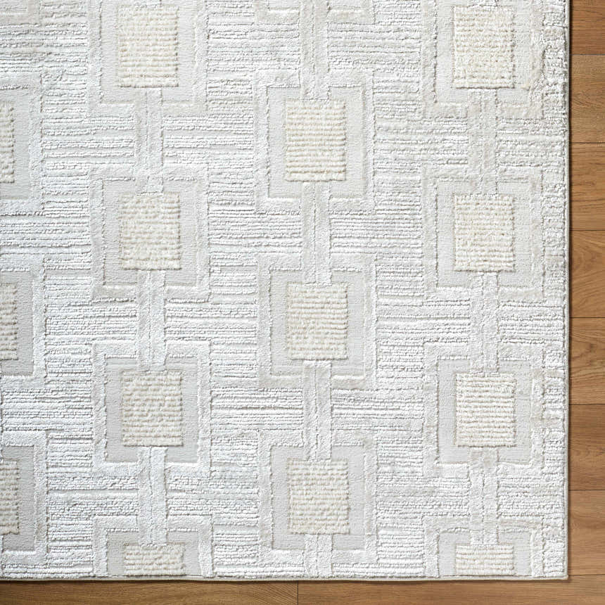 Close-up of the Jackie Area Rug. Cream, ivory, and light gray geometric pattern. Contemporary style. Corner