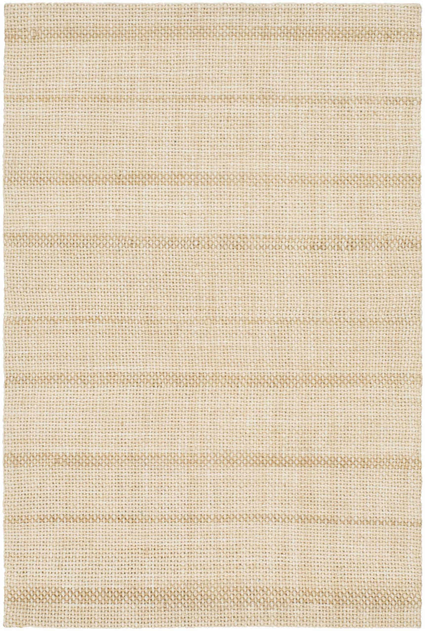 Close-up of the Javon Area Rug. Hand-woven rug in pearl and tan with a subtle horizontal stripe pattern. Design-Rectangle-23