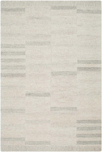 Close-up of the hand-tufted Jaina Modern Wool Rug. Beige and gray rug with a subtle geometric pattern. Farmhouse style. Design-Rectangle-576