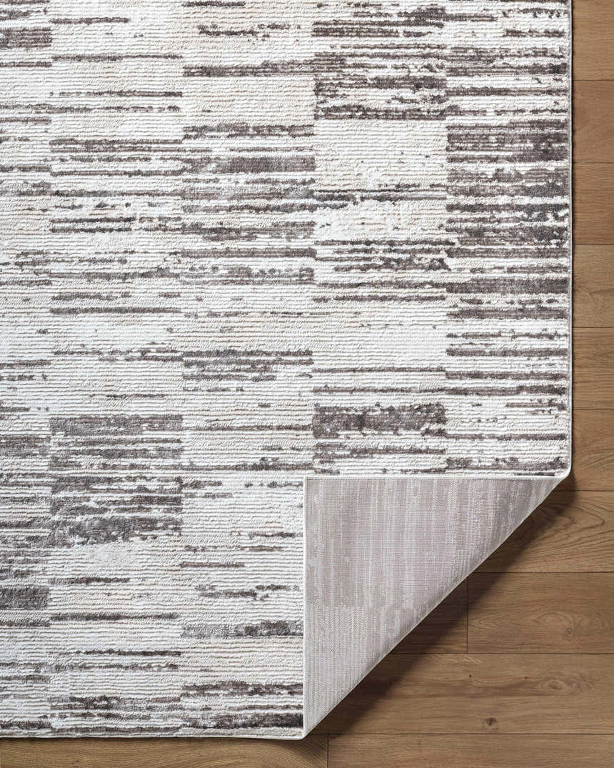 Close-up of the Apphia Area Rug showing ivory, light brown, and gray abstract pattern and rug backing on wood floor. Fold