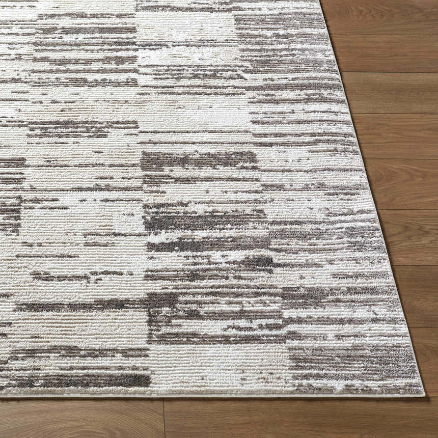 Close-up of the Apphia Area Rug. Contemporary style rug with an ivory and light brown pattern on a wood floor. Front