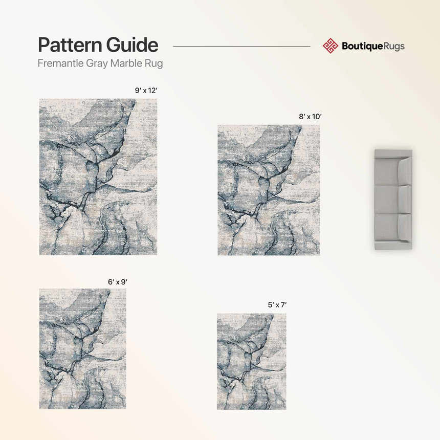 Fremantle Gray Marble Rug pattern guide showing rug sizes: 9x12, 8x10, 6x9, and 5x7. Cream, gray, and blue marble design. Swatch