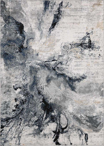 Close-up of the Kirkland Dark Blue Marble Rug. Abstract design in beige, black, charcoal, dark blue, gray, and silver gray. Design-Rectangle-23
