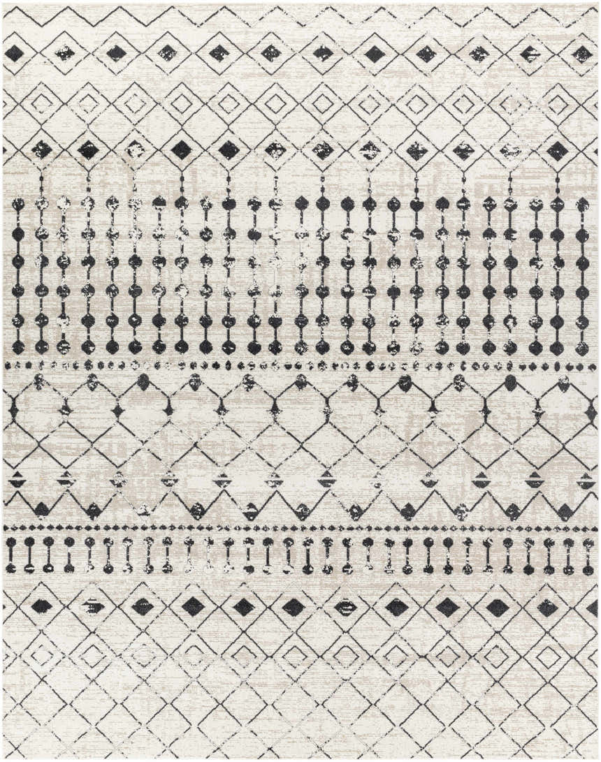 Close-up of the Joppatowne Washable Area Rug, featuring a black geometric pattern on a cream and light beige background. Design-Rectangle-71010