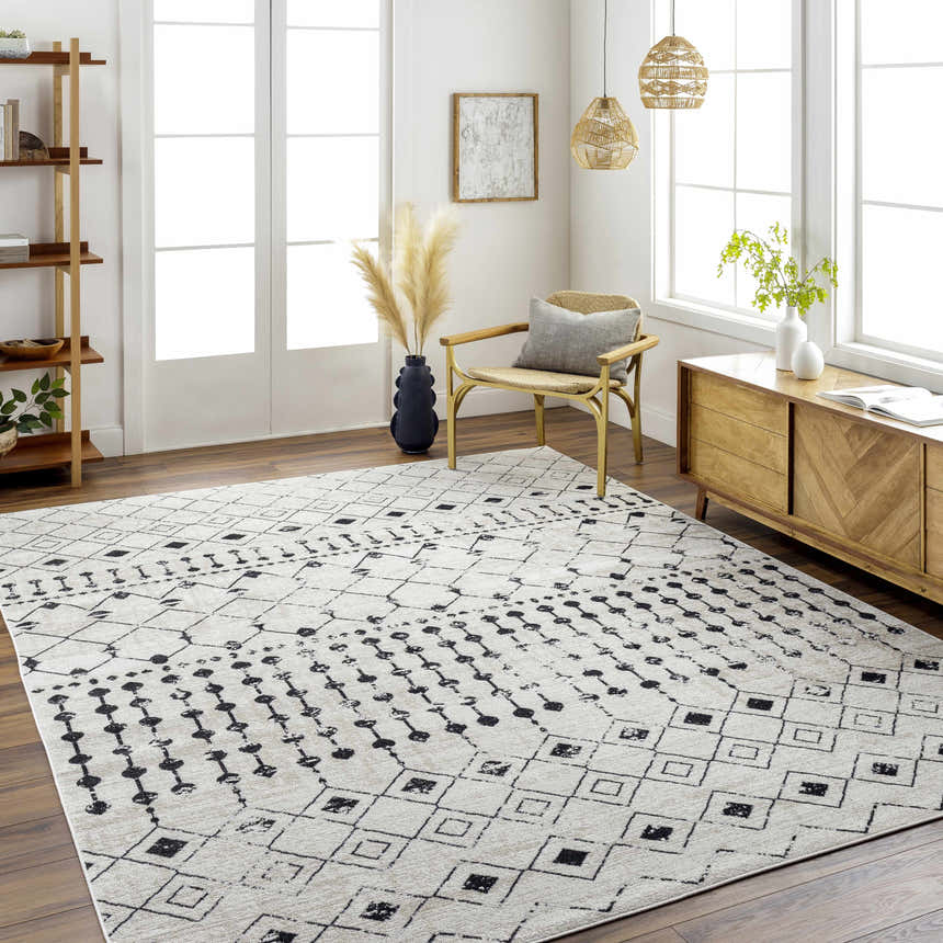 Bright living room with a cream and black geometric Joppatowne Washable Area Rug. Roomscene-Rectangle
