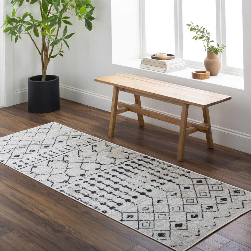 Entryway scene with a Joppatowne Washable Area Rug, wood bench, dark wood floors, and a potted tree near a window. Roomscene-Runner
