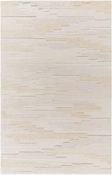 Close-up of the Anufry Area Rug. Hand-tufted wool rug in beige, cream, and ivory with a contemporary horizontal stripe design. Design-Rectangle-576