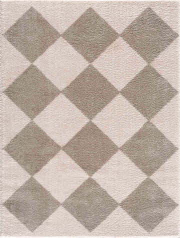 Close-up of the Arilla Gray Washable Area Rug. Features a diamond pattern in medium gray and peach hues. Contemporary style. Design-Rectangle-537