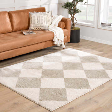 Living room scene with a tan sofa and the Arilla Gray Washable Diamond Area Rug on a wood floor. Roomscene-Rectangle