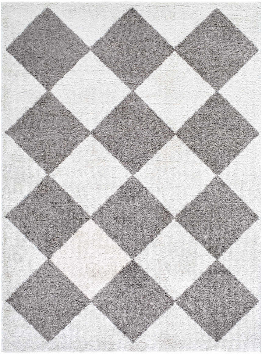 Close-up of the Arilla Diamond Checkered Washable Area Rug, charcoal and white diamond pattern. Design-Rectangle-537